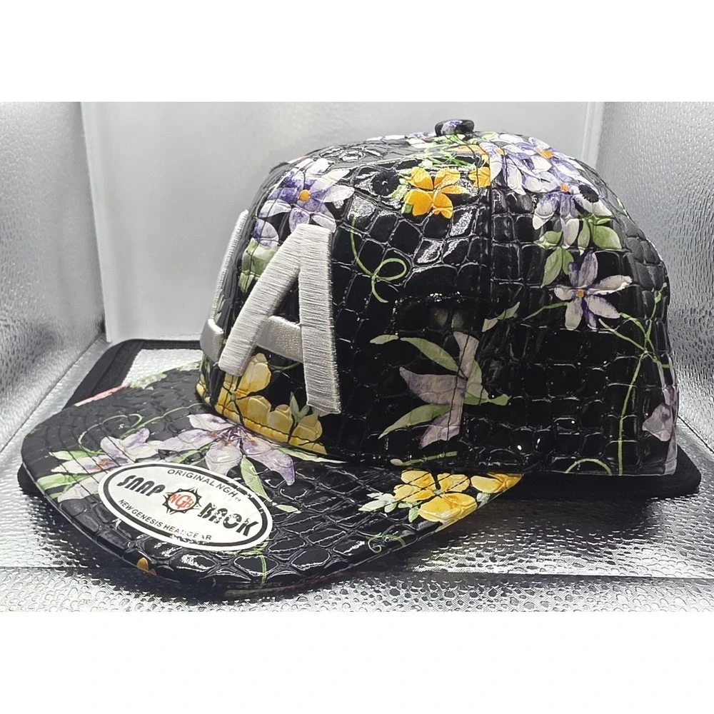 LA Snapback Hat New Genesis Floral Crocodile Faux Leather Cap Black Yellow...